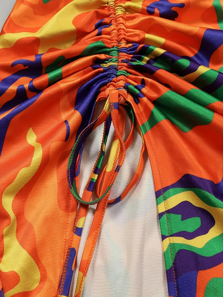 Plus Size Women's 2025 Summer New Printed Drawstring Front Halter Dress Beach Slit Sling Sexy Dresses