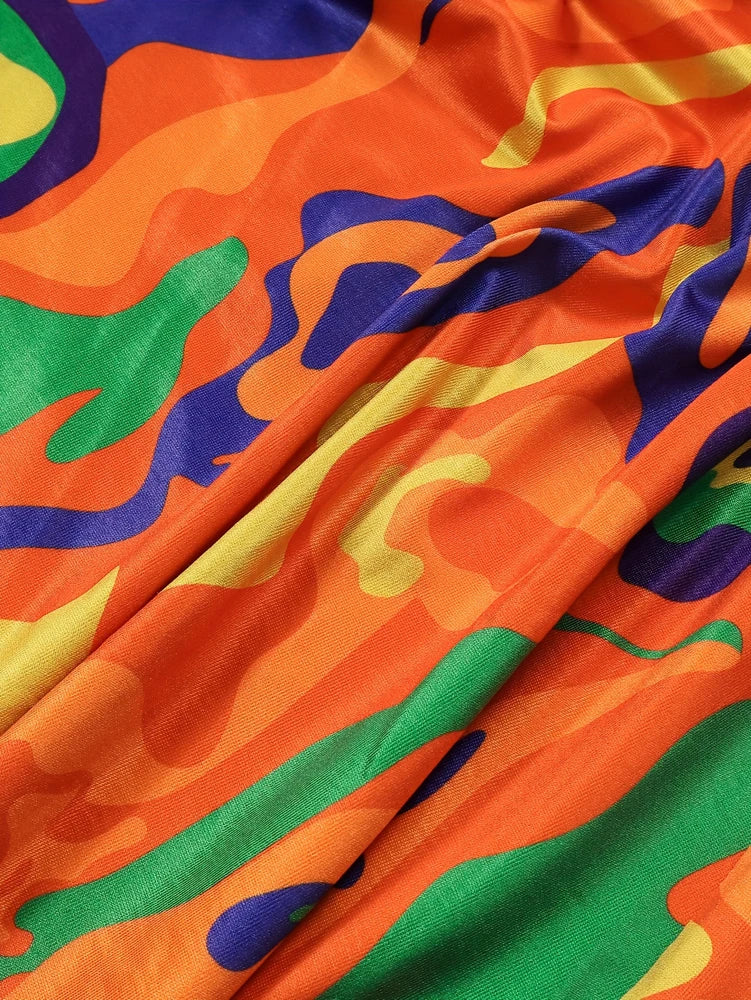 Plus Size Women's 2025 Summer New Printed Drawstring Front Halter Dress Beach Slit Sling Sexy Dresses